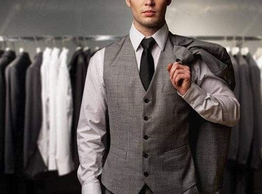 A man wearing a waistcoat in a store surrounded by waistcoats on hangers