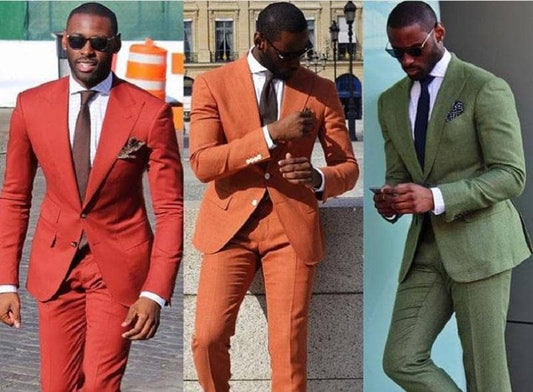 3 pictures of man wearing 3 different colours of suit, red, orange and green