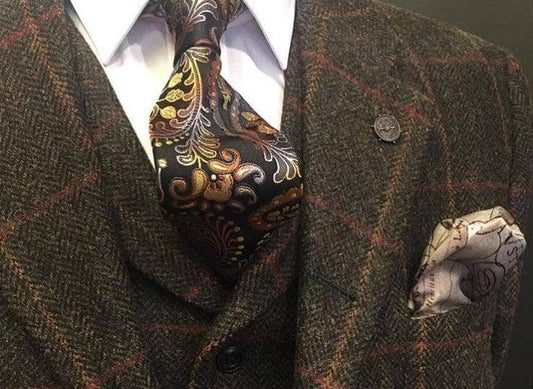 A close up of a british tweed suit- top half