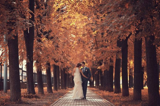 Newlyweds groom and bride walking in autumn park
