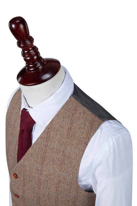 Light Brown Overcheck Herringbone Tweed Waistcoat