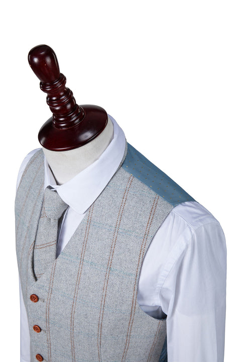Light Grey Overcheck Herringbone Tweed Waistcoat