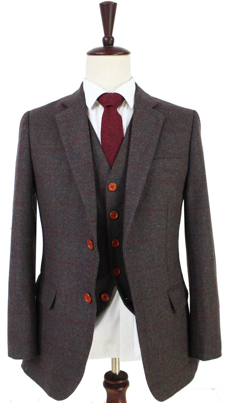 Dark Brown Red Windowpane Tweed Jacket