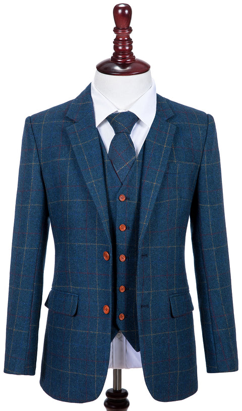 Blue Overcheck Twill Tweed 3 Piece Suit