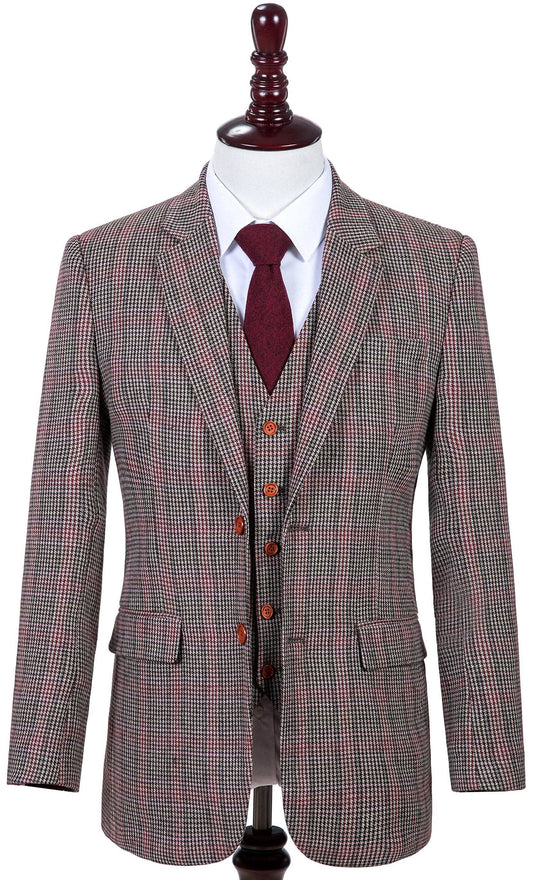 Brown Red Houndstooth Plaid Tweed Suit