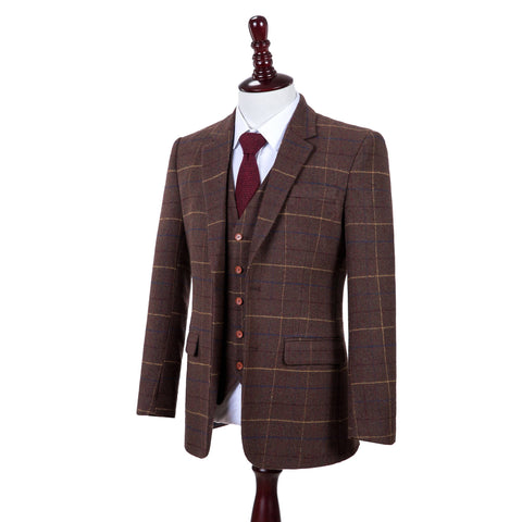 Brown Overcheck Twill Tweed 3 Piece Suit