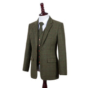 Olive Green Windowpane Tweed 3 Piece Suit
