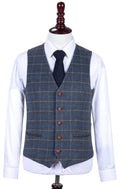 Grey Blue Overcheck Twill Tweed Waistcoat
