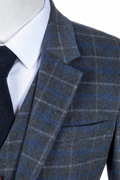 Grey Blue Overcheck Twill Tweed Suit