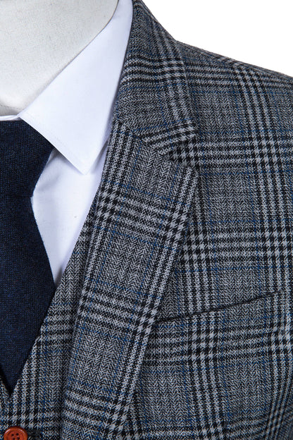 Retro Grey Blue Plaid Tweed Suit