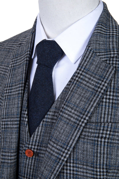 Retro Grey Blue Plaid Tweed Suit