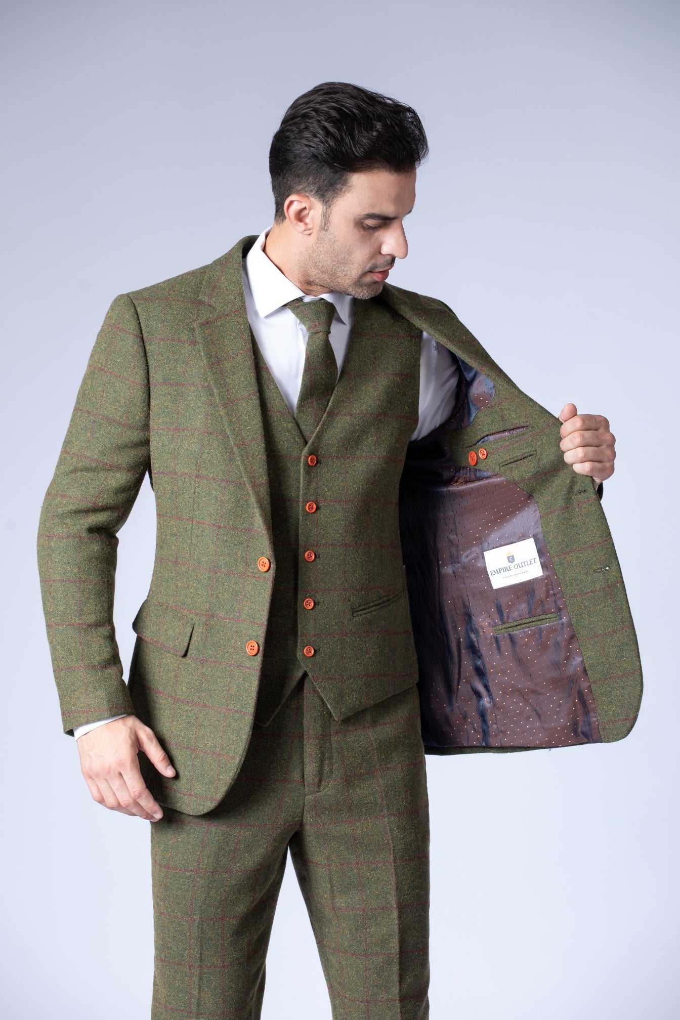 Olive Green Windowpane Tweed Suit