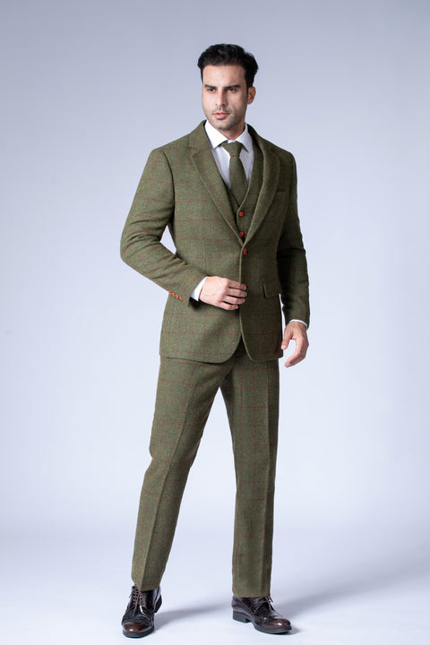 Olive Green Windowpane Tweed 3 Piece Suit