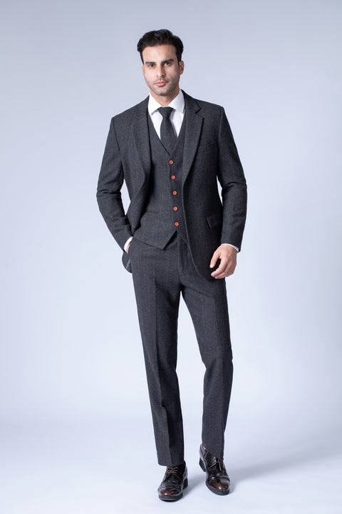 Dark Grey Estate Herringbone Tweed 3 Piece Suit