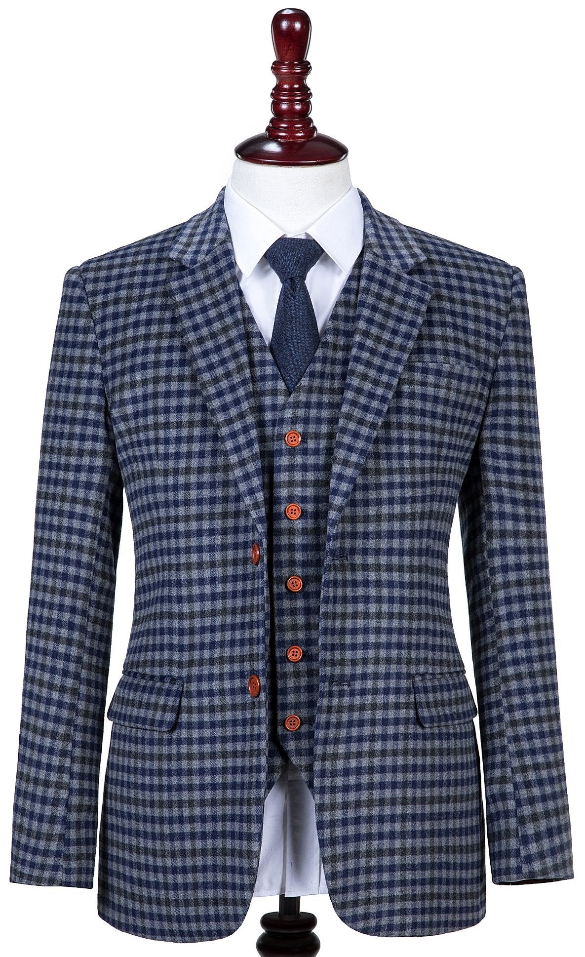 Grey Blue Gingham Tweed Suit