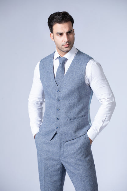 Grey Blue Herringbone Tweed Suit