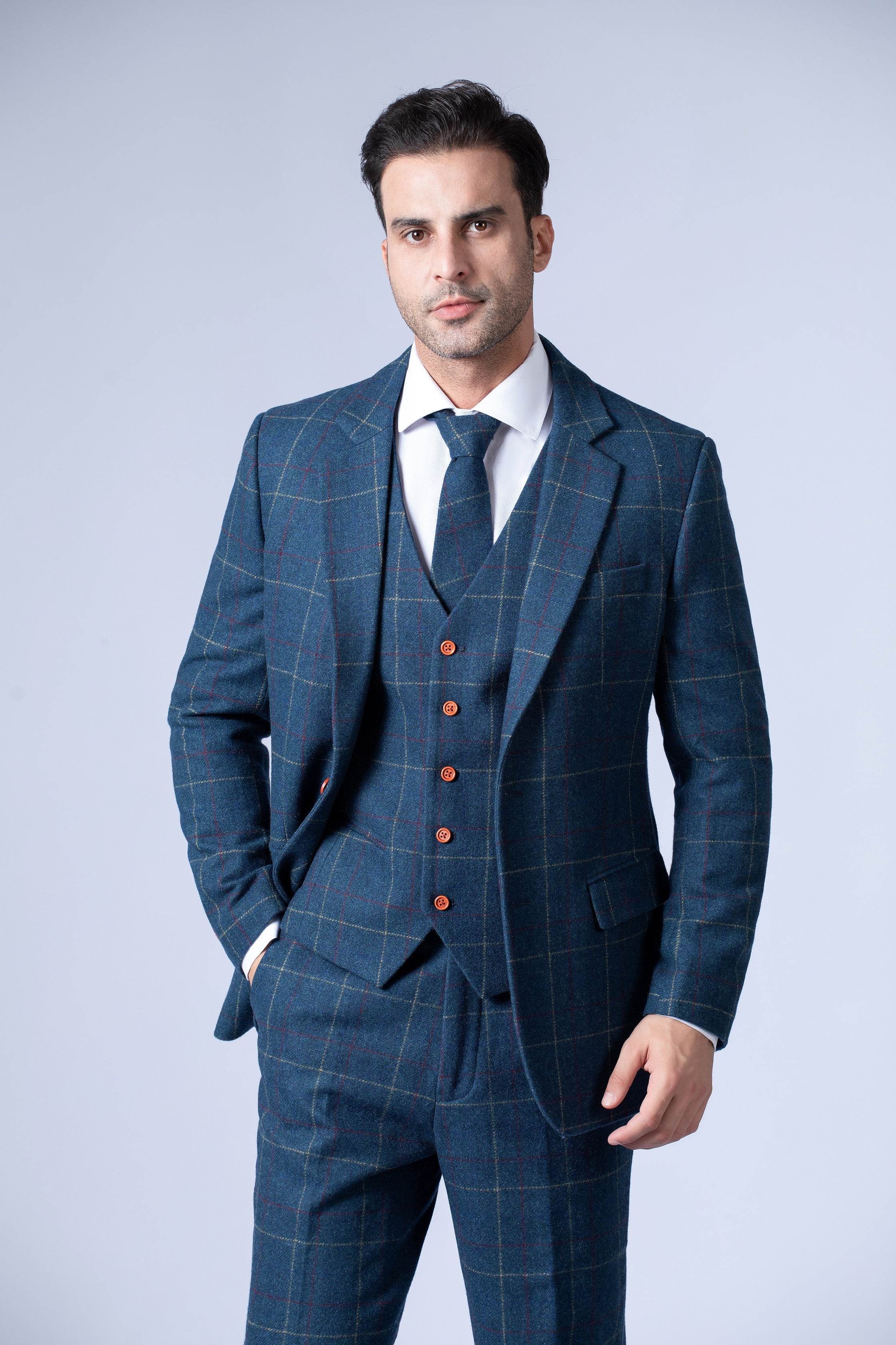 Tailored Blue Tweed Suit - 3 Piece Overcheck Twill Men's Suit by Empire ...