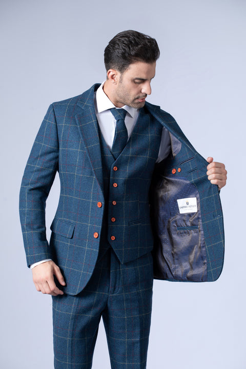 Blue Overcheck Twill Tweed 3 Piece Suit