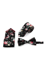 Black Floral Tie, Bow Tie & Pocket Square Set 