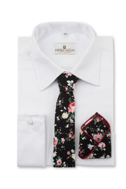 Black Floral Tie, Bow Tie & Pocket Square Set on a shirt