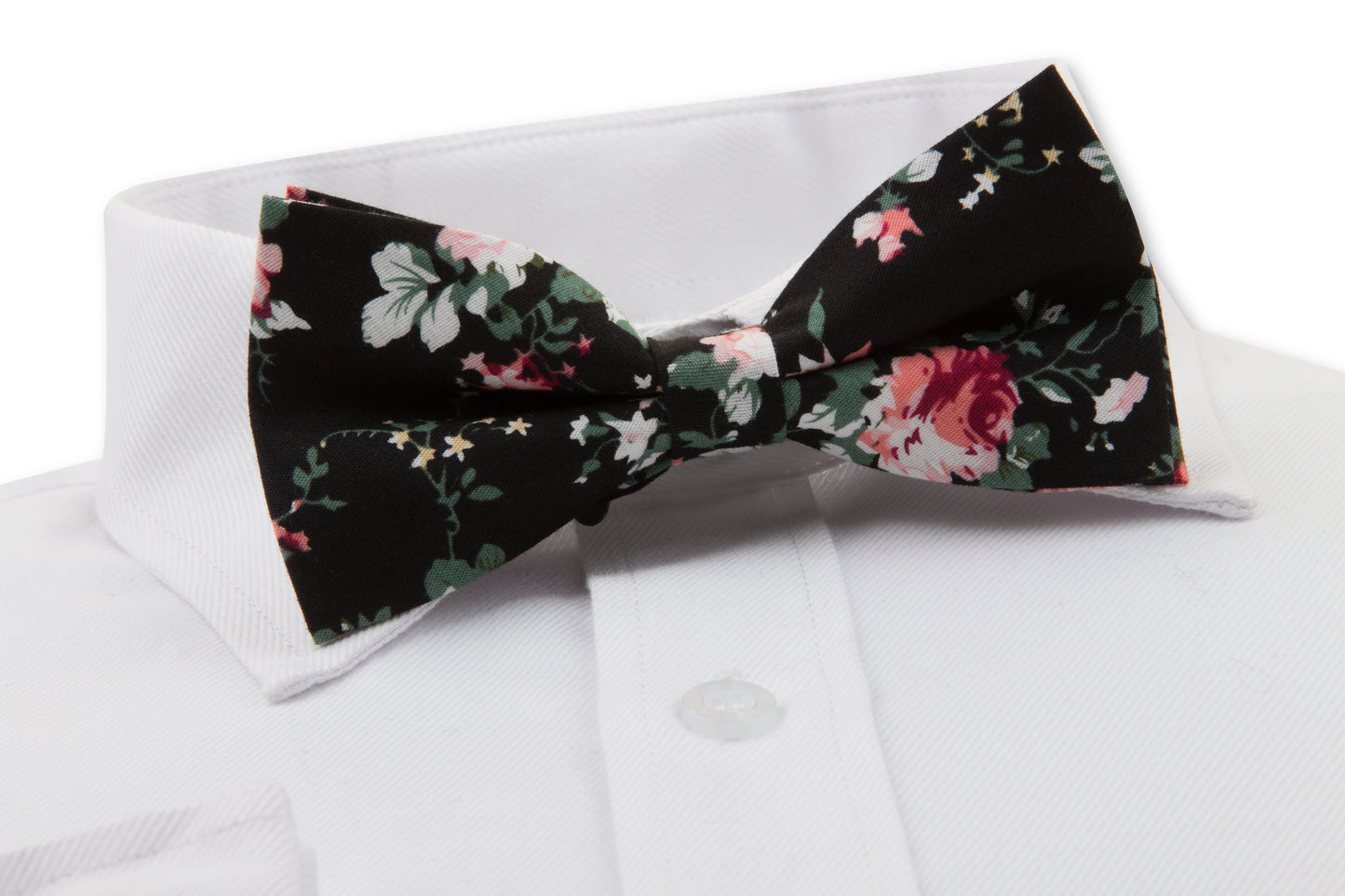 Close up of Black Floral Bow Tie on a white shirt