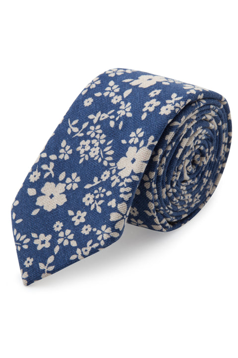 Blue Floral Linen Tie