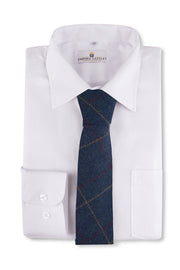 Blue Overcheck Twill Tweed Tie on a shirt