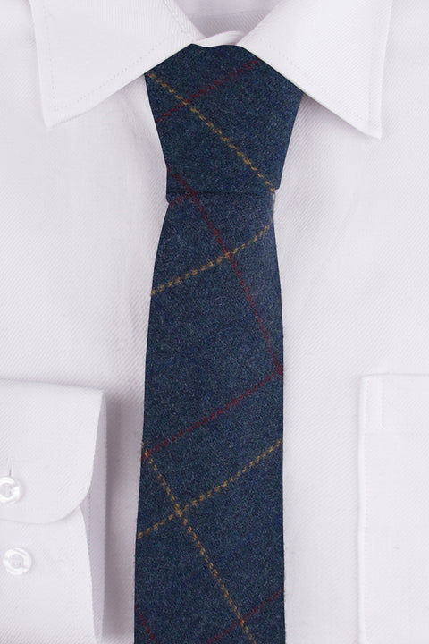 Close up of Blue Overcheck Twill Tweed Tie on a shirt