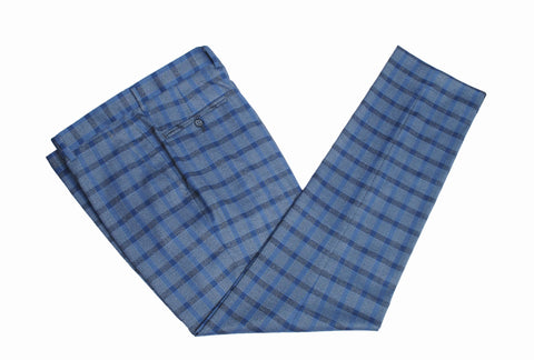 Grey Blue Windowpane Plaid Trousers