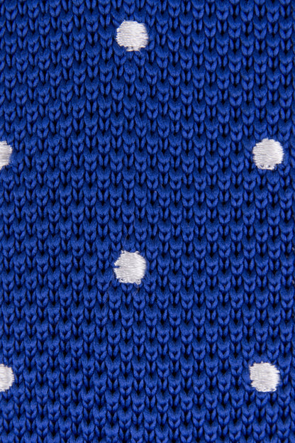 Close up of Royal Blue White Spot Knitted Tie by Empire Outlet Men's Wedding Accessories