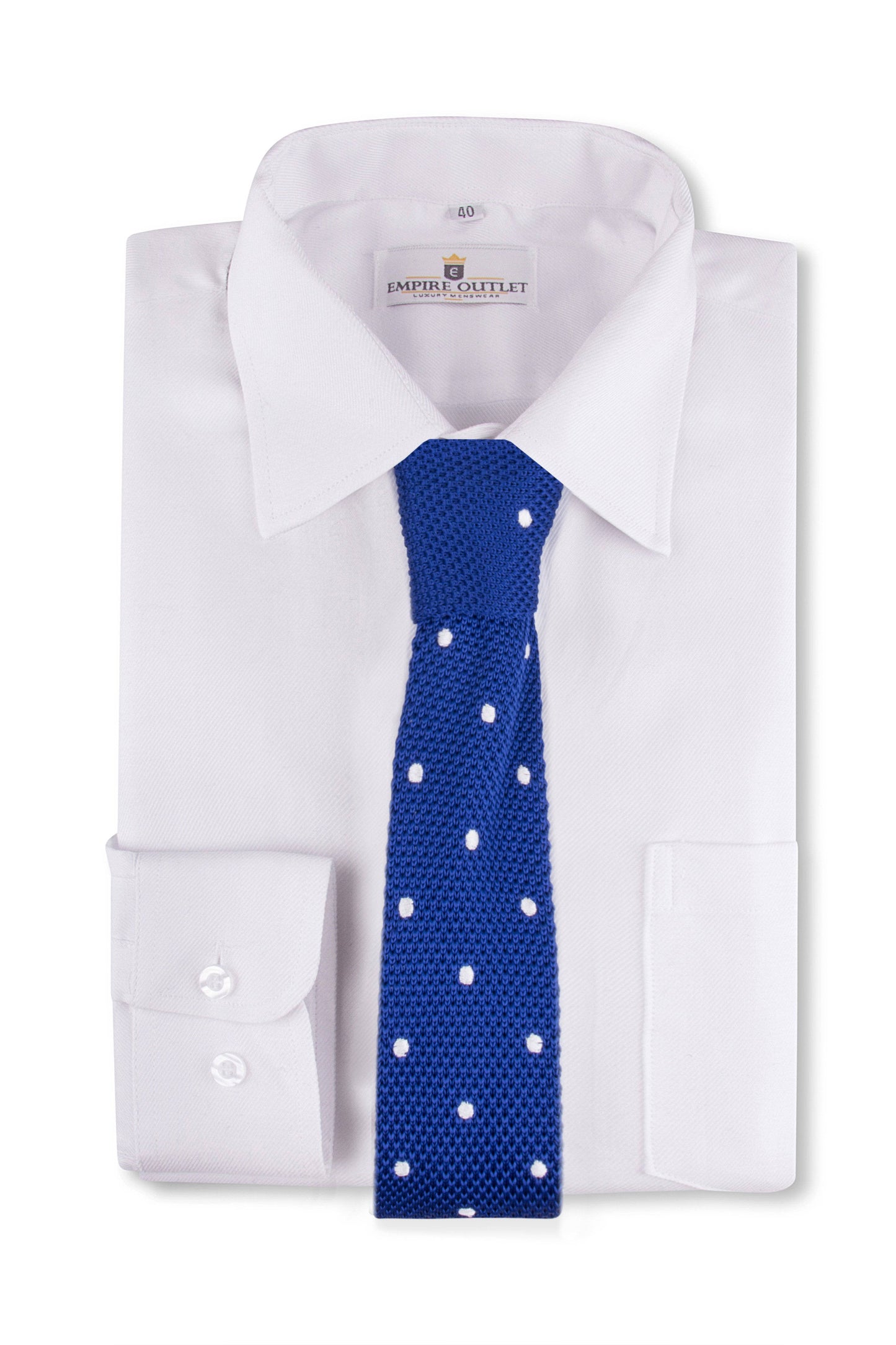 Royal Blue White Spot Knitted Tie on a Shirt