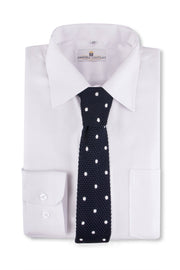 Navy White Spot Knitted Tie  on a White shirt