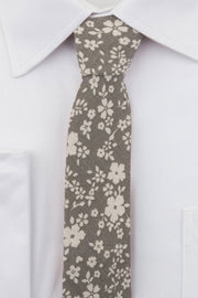 Close up of Grey Floral Linen Tie on a white shirt