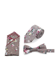 Grey Floral Tie, Bow Tie & Pocket Square Set 