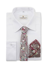 Close up of Grey Floral Tie, Bow Tie & Pocket Square Set  on a shirt