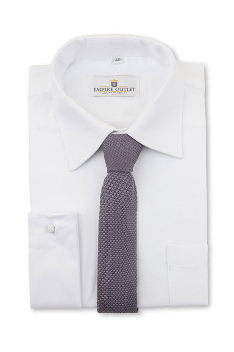 Grey Knitted Tie on a White single cuff shirt