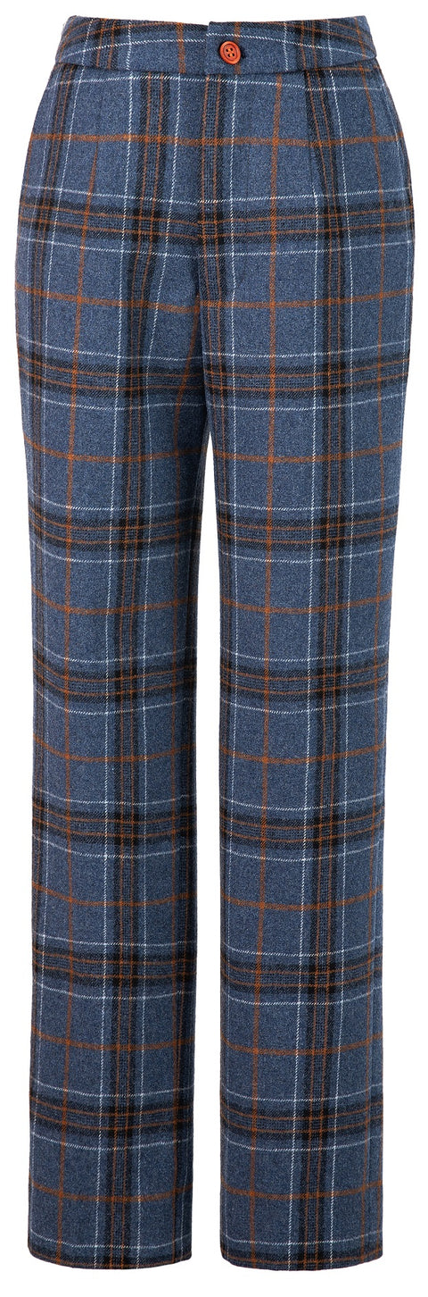Blue Plaid Overcheck Tweed Trousers Womens