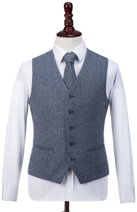 Grey Blue Herringbone Tweed Waistcoat