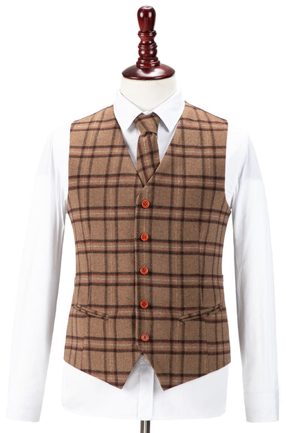 Light Brown Windowpane Plaid Tweed Waistcoat