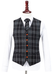 Black Plaid Overcheck Tweed Waistcoat