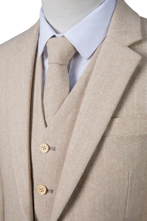 Cream Herringbone Stripe Tweed 3 Piece Suit