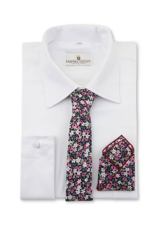 Daisy Floral Tie, Bow Tie & Pocket Square Set on a White Shirt