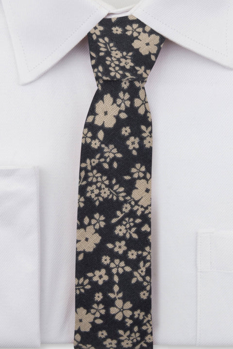 Navy Floral Linen Tie on a White Single Cuff Shirt Close up