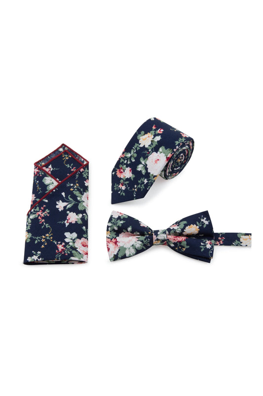 Navy Floral Tie, Bow Tie & Pocket Square Set 