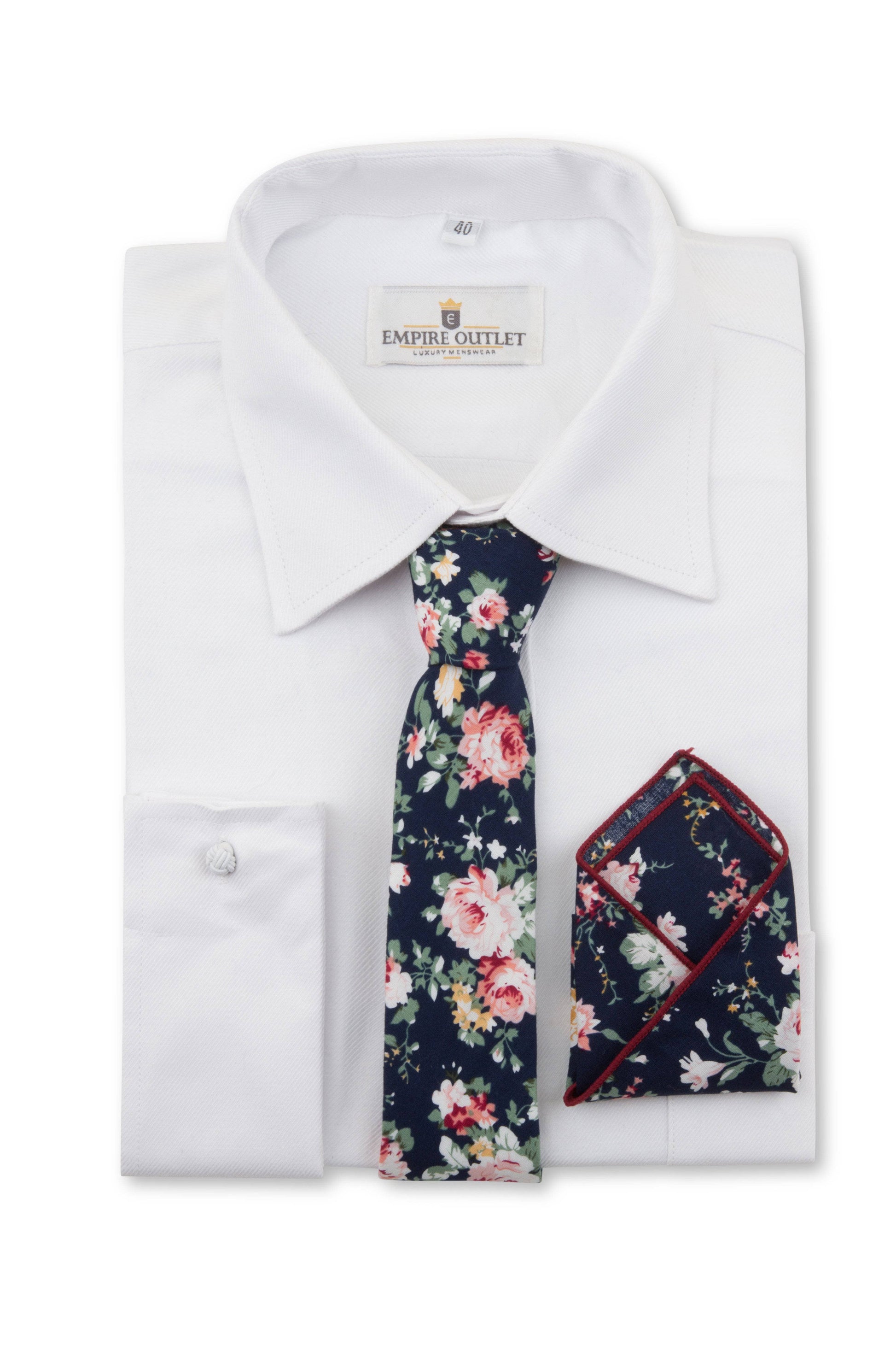 Navy Floral Tie, Bow Tie & Pocket Square Set on a white shirt