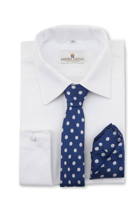 Navy Polka Dot Tie & Pocket Square on a White single cuff shirt
