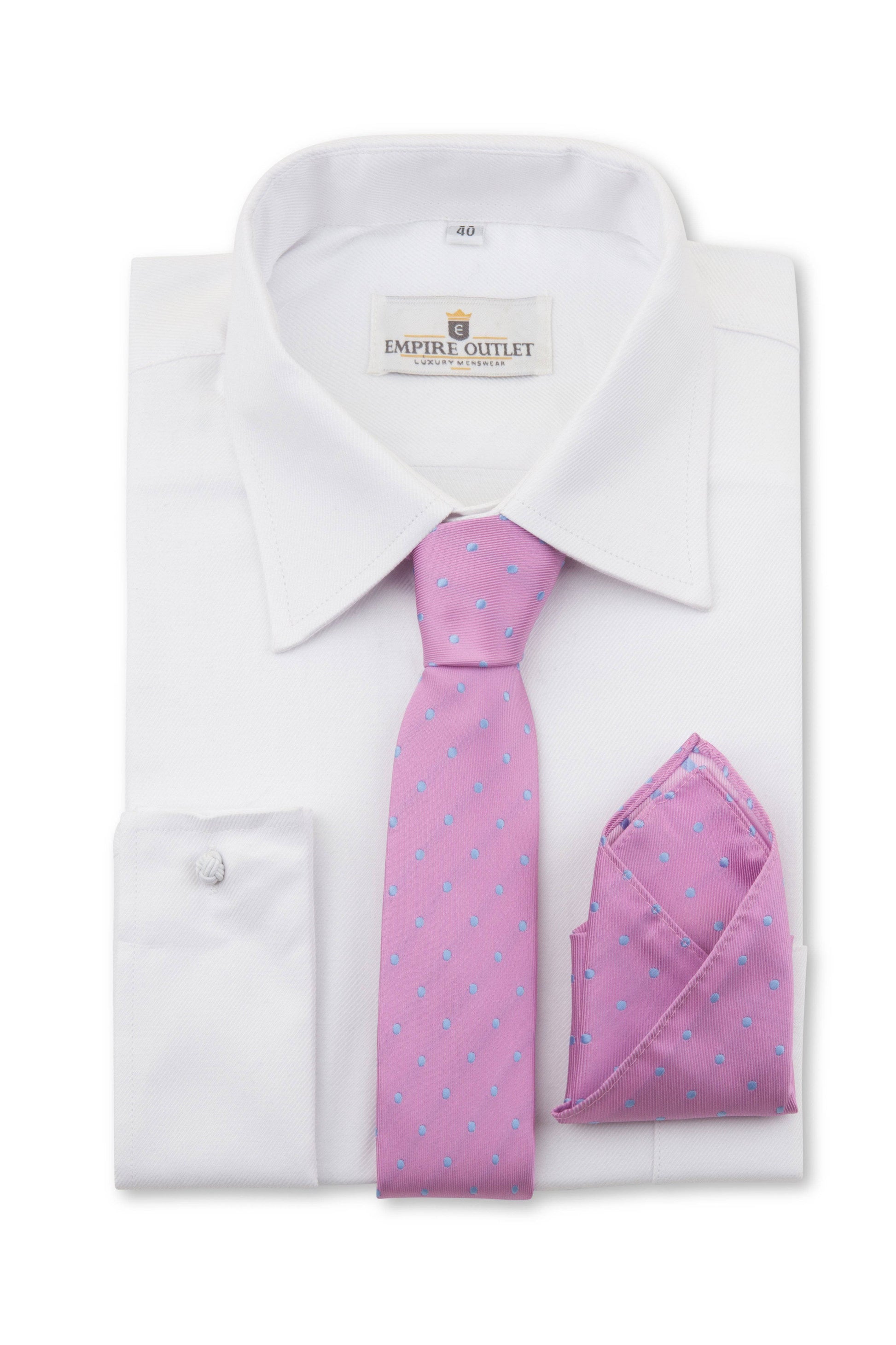 Pink Blue Spot Tie & Pocket Square on a shirt