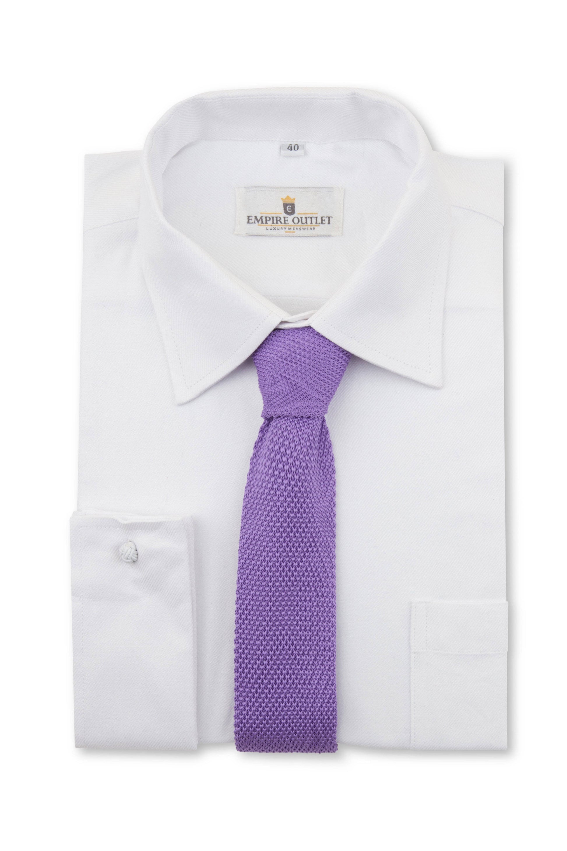 Purple Knitted Tie on a white single cuff shirt