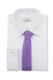 Purple Knitted Tie on a white single cuff shirt