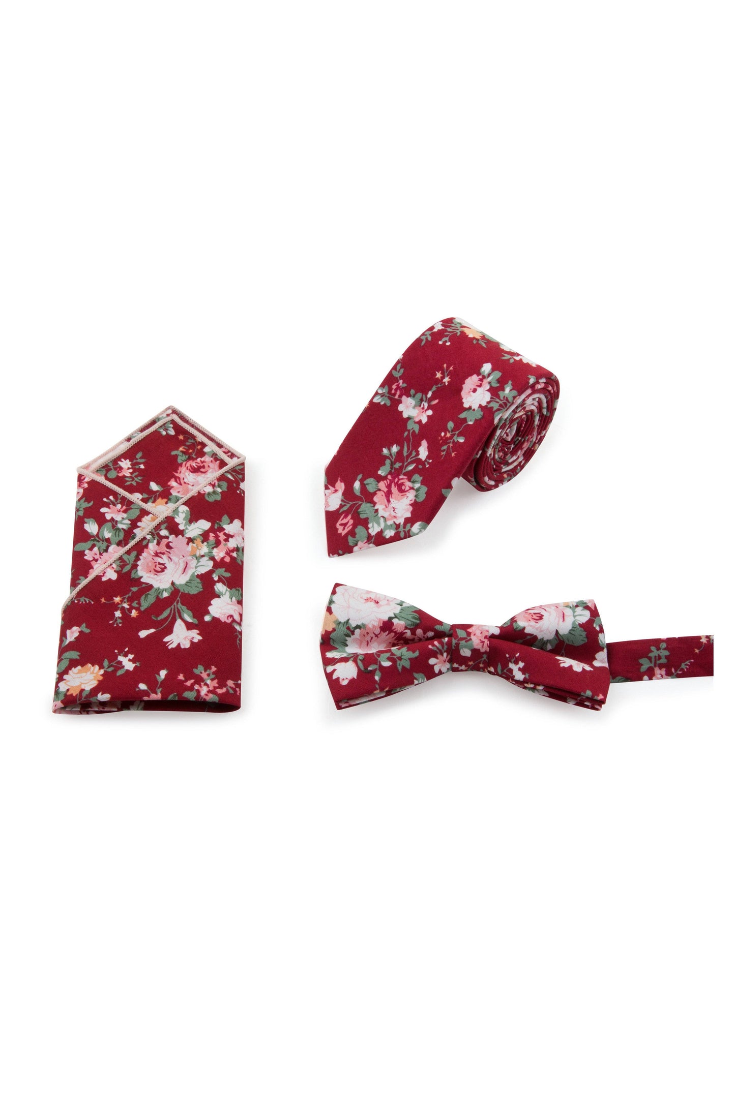 Red Floral Tie, Bow Tie & Pocket Square Set 